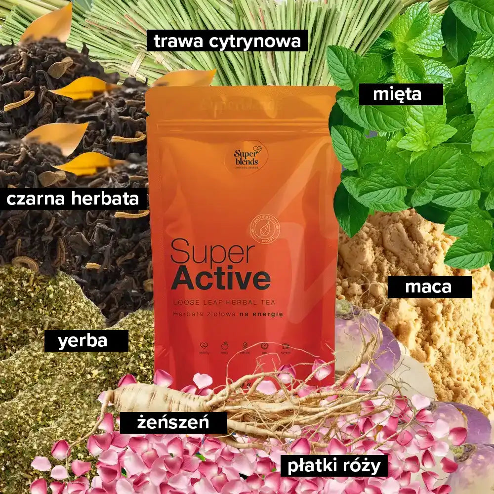 Super ACTIVE i jej składniki: czarna herbata, yerba, mięta, trawa cytrynowa, maca, żeń-szeń, płatki róży