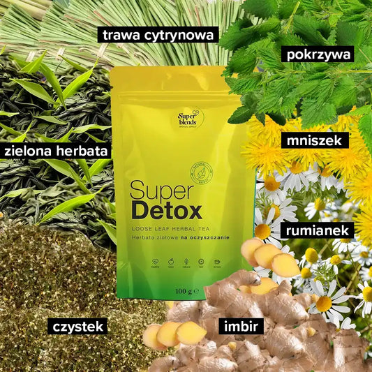 Super DETOX i jej składniki: zielona herbata, pokrzywa, czystek, mniszek, imbir, rumianek, trawa cytrynowa