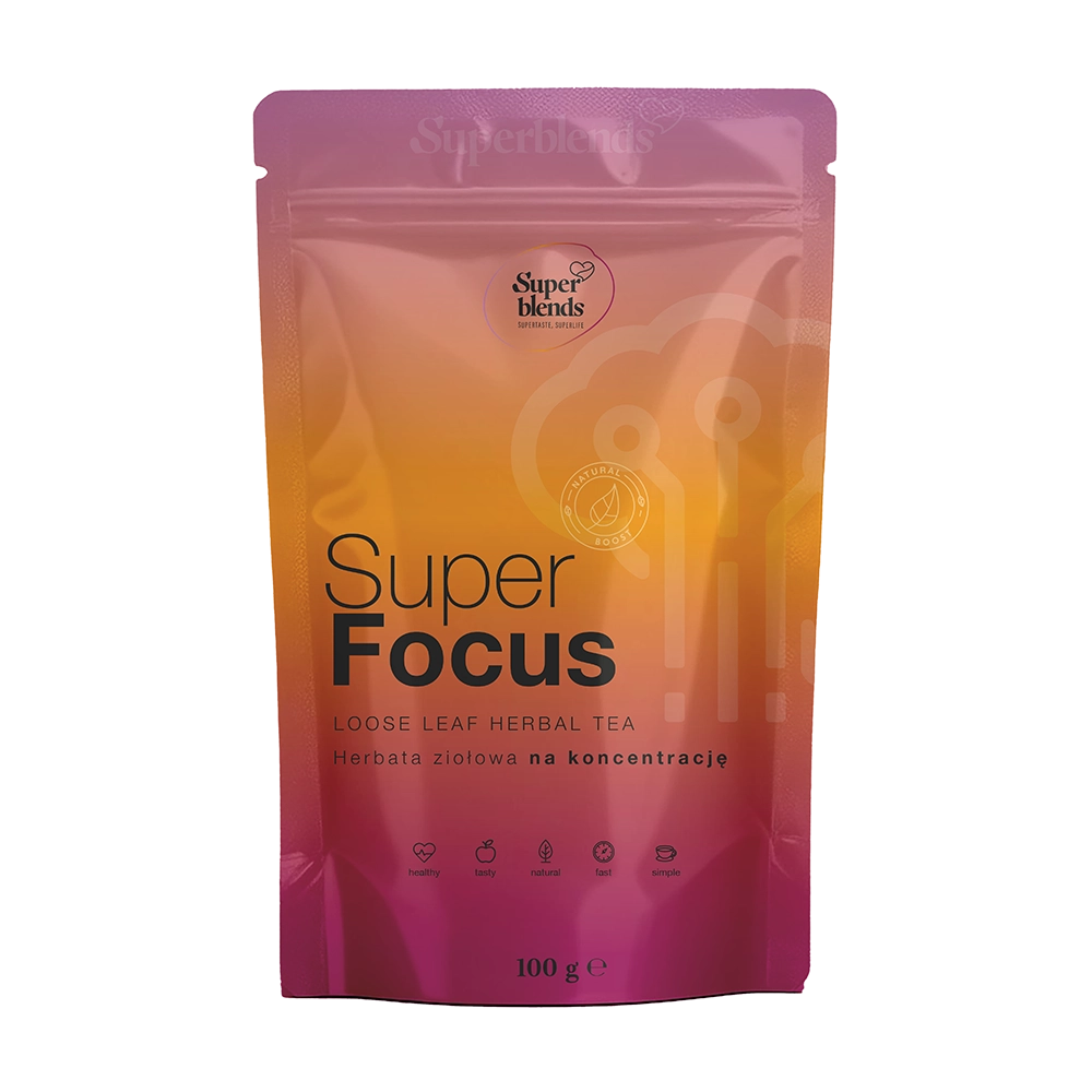 Super FOCUS — różowo-pomarańczowa torebka 100 g, mieszanka zielonej herbaty i ziół