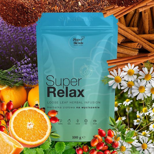 Super RELAX i jej składniki: rooibos, pomarańcza, cynamon, rumianek, lawenda, melisa, głóg