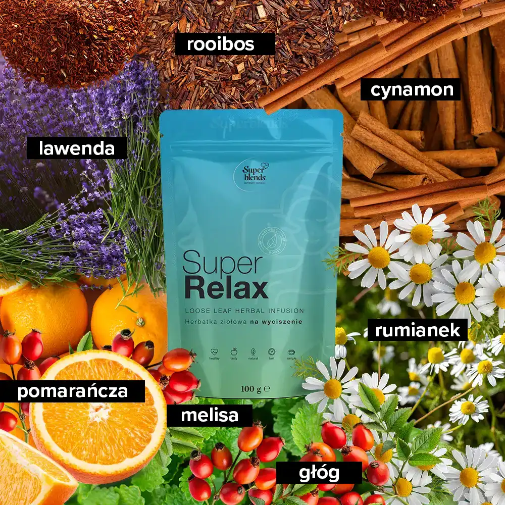 Super RELAX i jej składniki: rooibos, pomarańcza, cynamon, rumianek, lawenda, melisa, głóg