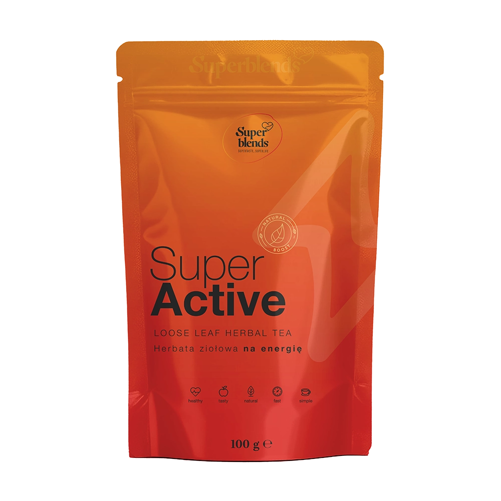 Super ACTIVE — pomarańczowo-czerwona torebka 100 g, mieszanka czarnej herbaty i ziół