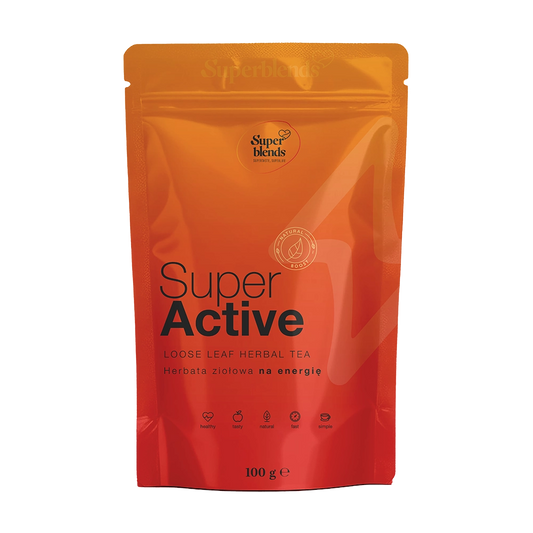 Super ACTIVE — pomarańczowo-czerwona torebka 100 g, mieszanka czarnej herbaty i ziół