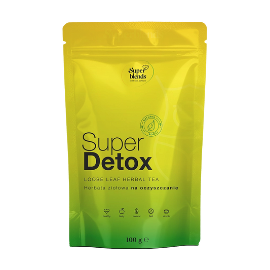 Super DETOX — żółto-zielona torebka 100 g, mieszanka zielonej herbaty i ziół