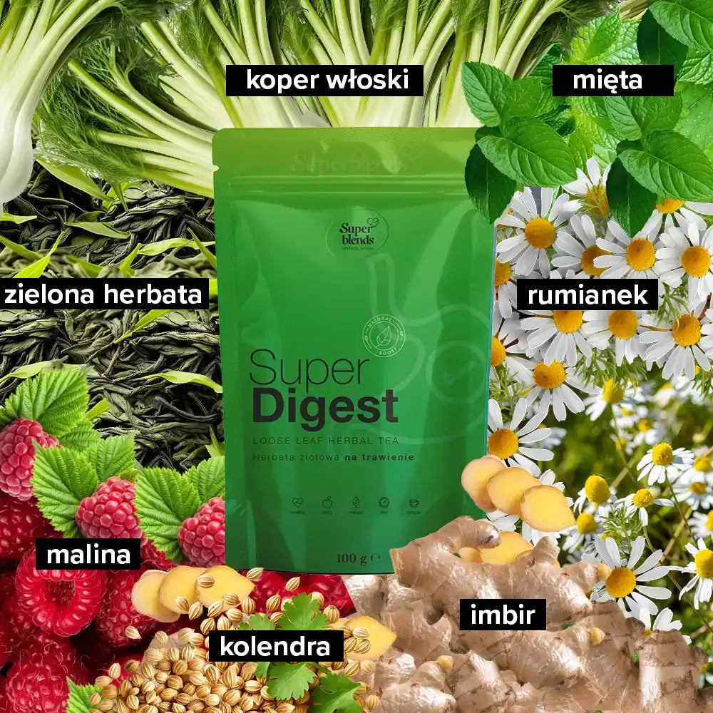 Super DIGEST i jej składniki: zielona herbata, mięta, rumianek, malina, kolendra, imbir, koper włoski