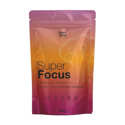 Super FOCUS — różowo-pomarańczowa torebka 100 g, mieszanka zielonej herbaty i ziół