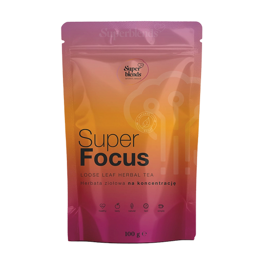 Super FOCUS — różowo-pomarańczowa torebka 100 g, mieszanka zielonej herbaty i ziół