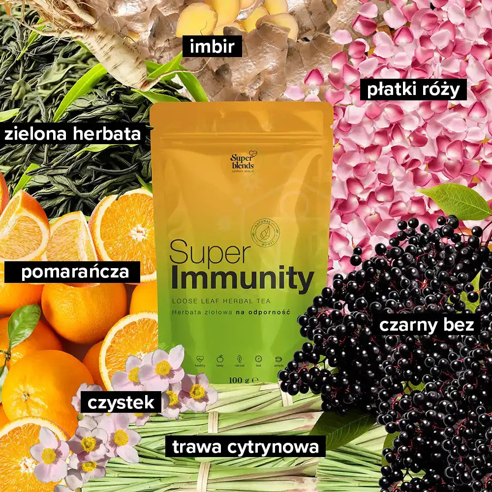 Super IMMUNITY i jej składniki: zielona herbata, płatki róży, czarny bez, trawa cytrynowa, imbir, czystek, pomarańcza