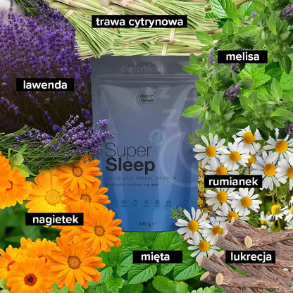 Super SLEEP i jej składniki: melisa, rumianek, lawenda, trawa cytrynowa, lukrecja, nagietek, mięta