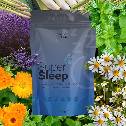 Super SLEEP i jej składniki: melisa, rumianek, lawenda, trawa cytrynowa, lukrecja, nagietek, mięta