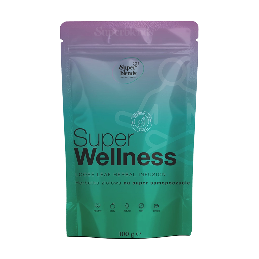 Super WELLNESS — fioletowo-turkusowa torebka 100 g, herbatka ziołowa