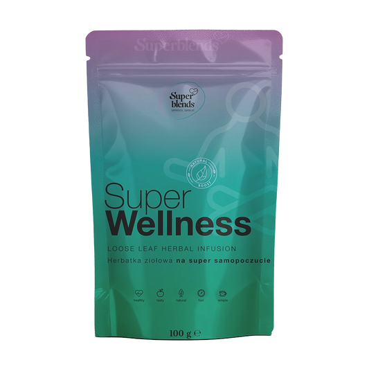 Super WELLNESS — fioletowo-turkusowa torebka 100 g, herbatka ziołowa