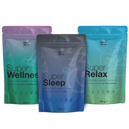 Zestaw Super RELAX: trzy torebki 100 g — Super WELLNESS, Super SLEEP i Super RELAX
