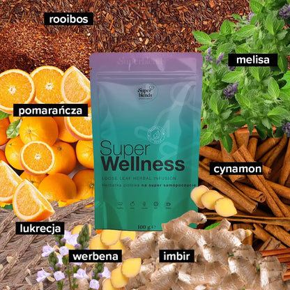 Super WELLNESS i jej składniki: rooibos, melisa, werbena, pomarańcza, cynamon, imbir, lukrecja